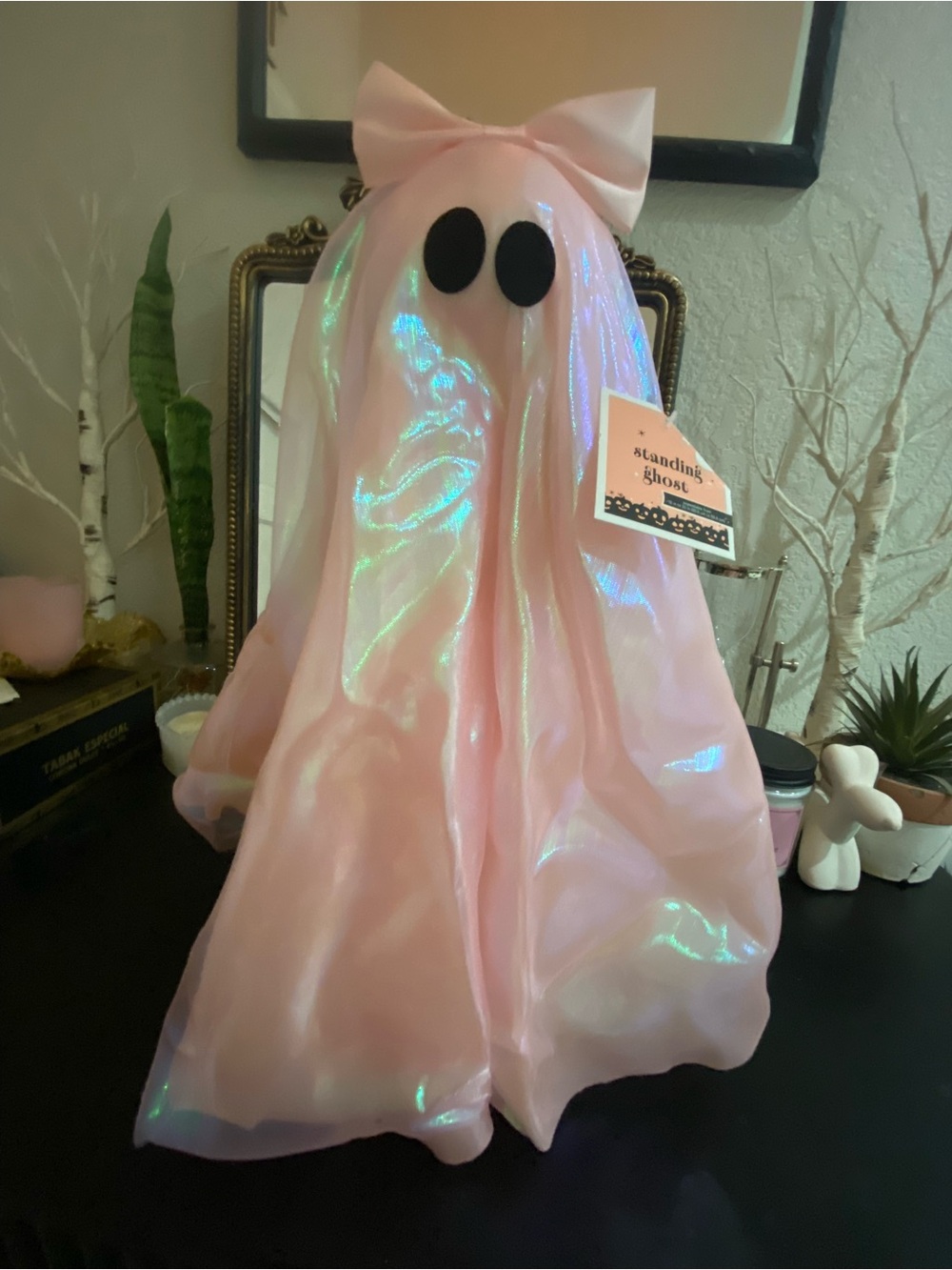 Pink Iridescent Standing Ghost with Bow